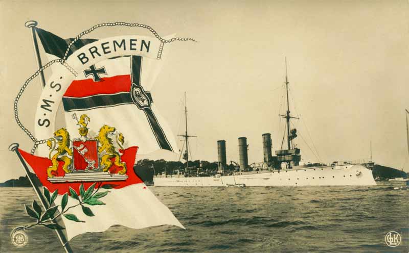 SMS Bremen i fredsbemaling med hvidt skrog og gulmalede overbygninger (Arkivet ved Dansk Centralbibliotek)