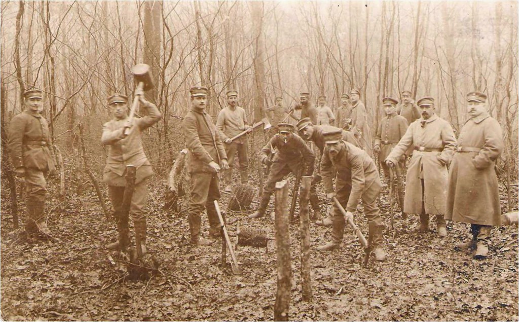 Tyske armerings- og pionersoldater ved opsætning af pigtråd i skov i 1916 – med stor sandsynlighed i Allerup Krat vest for Toftlund.