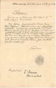 Friedrich Christiansen dåbsbevis udstedt af Neptun, da han ombord på hjælpekrydseren Marie passerede ækvator den 15. februar 1915 (Arkivet ved Dansk Centralbibliotek)