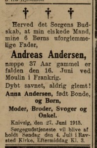 Dødsannonce for Andreas Andersen, Flensborg Avis 1. juli 1915