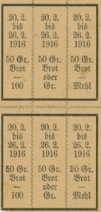 Tyske rationeringsmærker til 50 gr. brød eller Mel (Arkivet ved Dansk Centralbibliotek)
