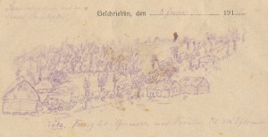 Sanitetskolonne på østfronten tegnet af Iver Henningenen 5. juni 1915 (Historisk Arkiv for Haderslev Kommune)