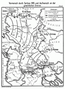 Kort over centralmagternes angreb i Serbien, 1915. Klik på kortet for at se det i fuld størrelse.