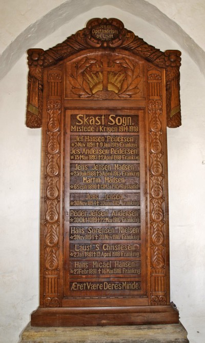 Mindetavle, Skast Kirke, med Hans Sørensen Nielsens navn